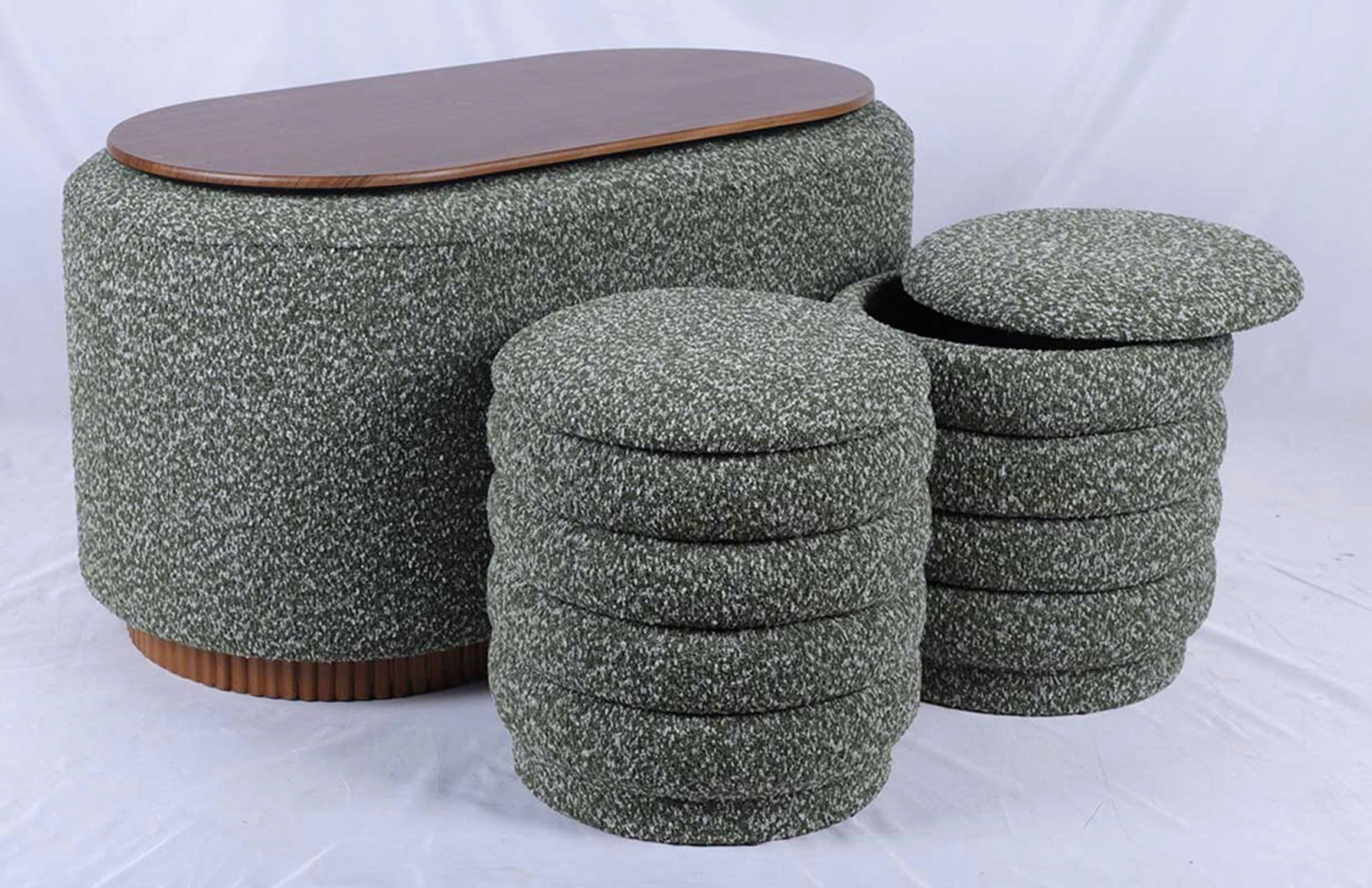 Round Storage Ottoman with Wooden Tray